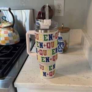 QUEEN OF SPARKLES White Jeweled Travel Tumbler with Rainbow Lettering